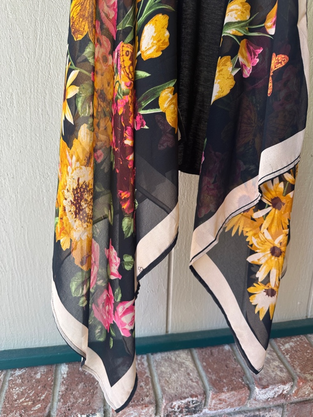 Floral Sheer Draped Vest - Black with Yellow & Pink Flowers - Picture 2 of 5